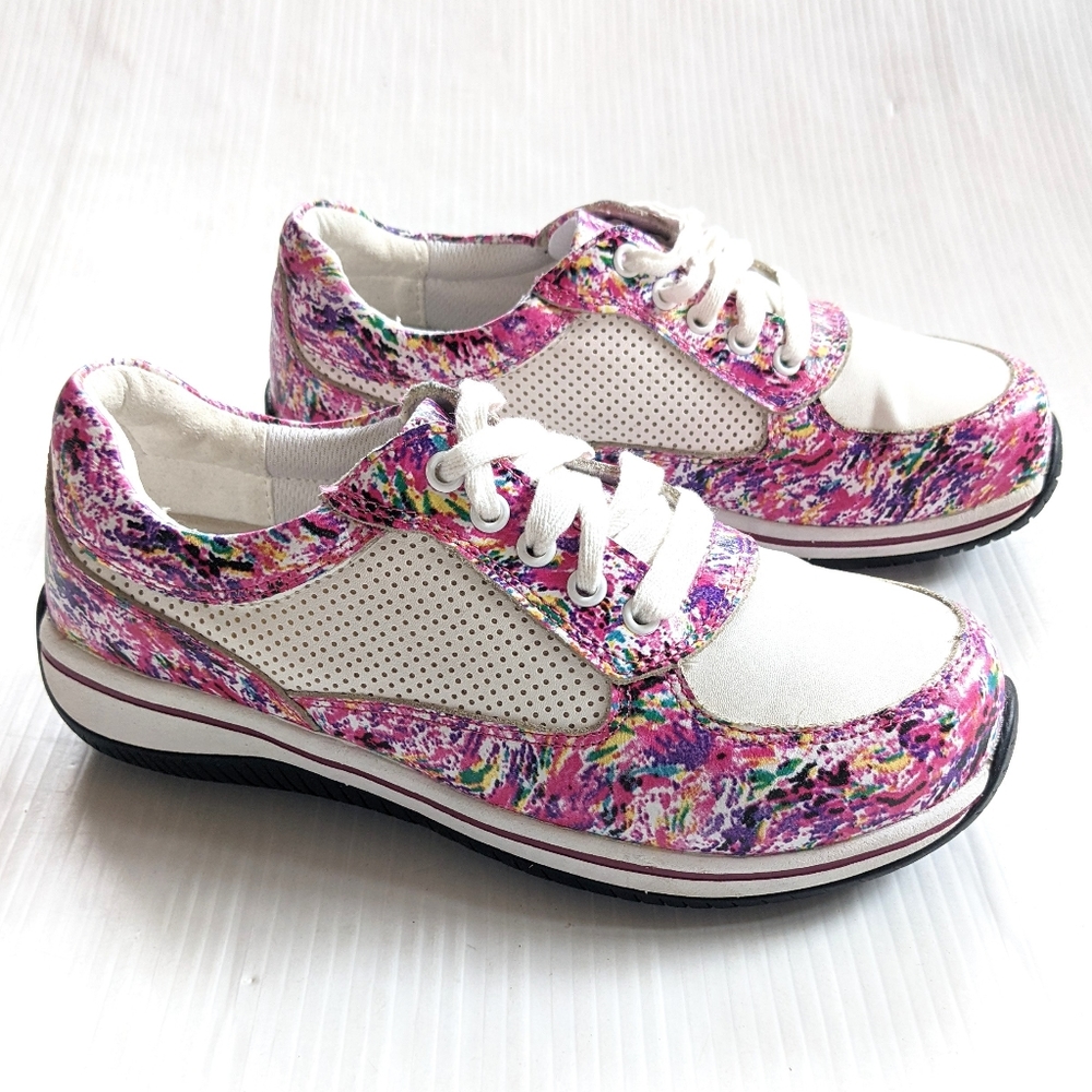 ALEGRIA women's purple pink floral white leather sneakers walking shoes Size 36